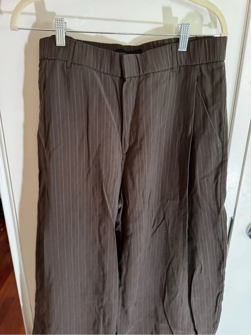 ZARA Pleated Flowy Pinstripe Pants in Brown NWOT - Picture 3 of 7